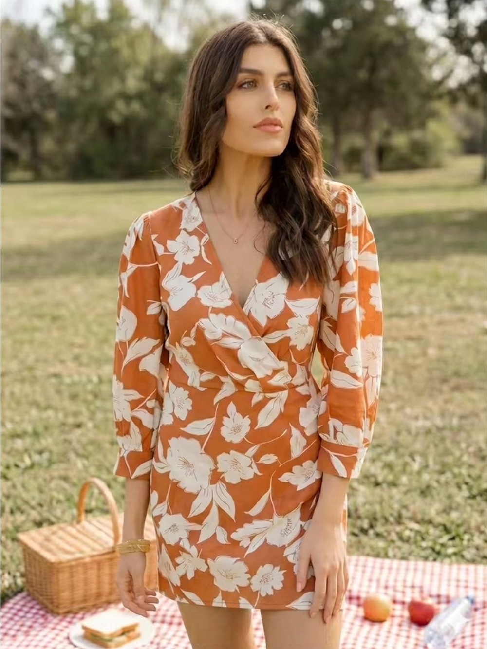 Anthropologie✨LUSH✨ Linen Blend✨ 3/4 Sleeves✨ Burnt Orange✨ Floral Mini Dress✨